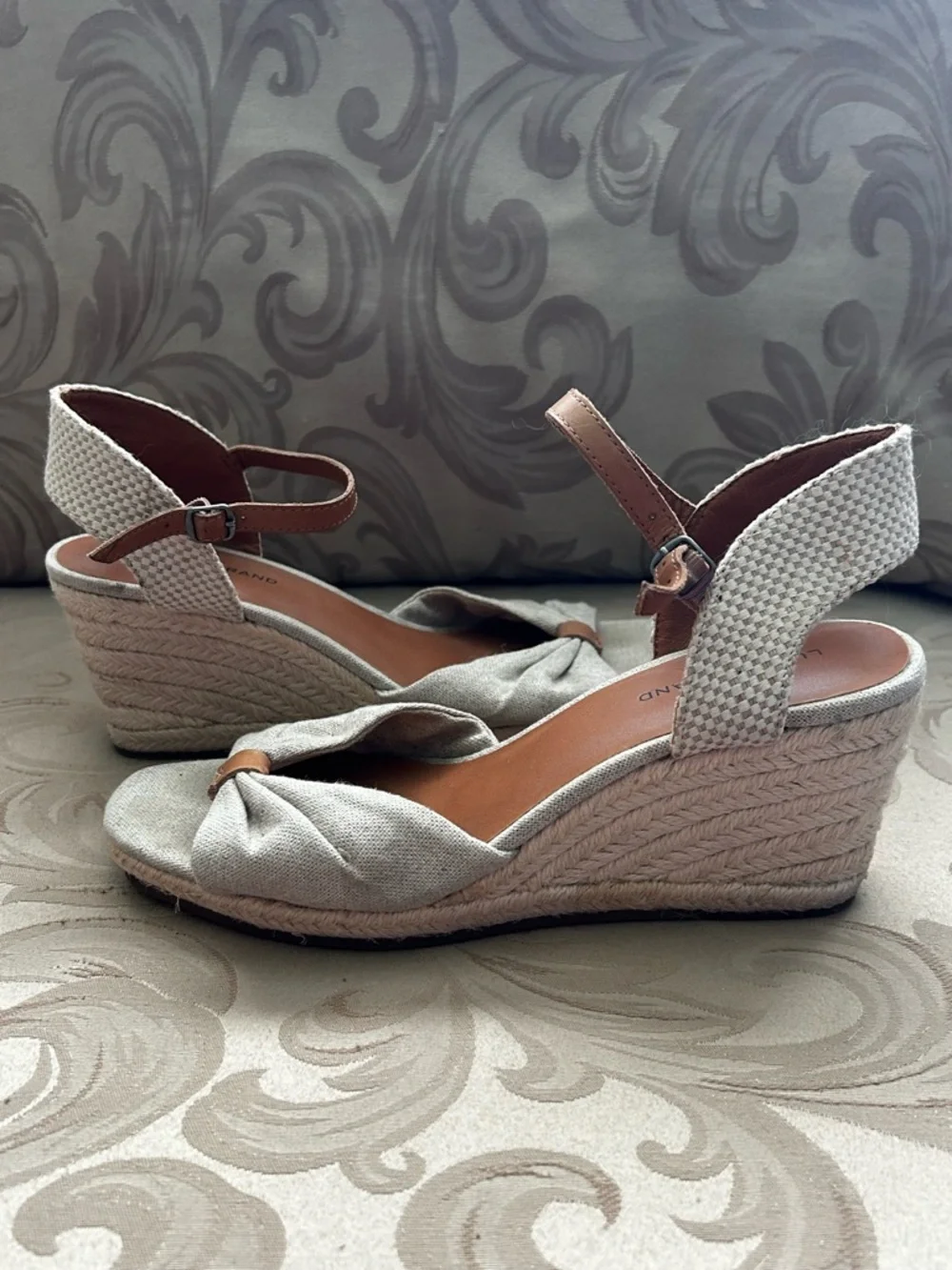 Lucky Brand Women’s 9M Beige Tan Linen Knot-Front Ankle-Strap Wedges Espadrille